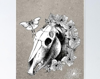Mari Lwyd Print | Horse Skull, Floral Moth Art (8.5x11)