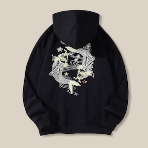 Koi Fish Embroidered Hoodie - Chinese Streetwear , Oversize Unisex Pullover