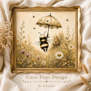 Könnte beinhalten: Ein quadratisches gerahmtes Wandbild mit einer Illustration einer Hummel, die einen gemusterten Regenschirm hält und über ein Feld mit Gänseblümchen und Wildblumen fliegt, mit einem kleinen Bienenstock im Hintergrund, alles in sanften Sepiatönen.