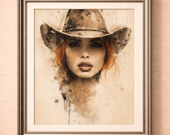 Rustic Cowgirl Portrait Canvas, Western Farmhouse Ranch Wall Art Print