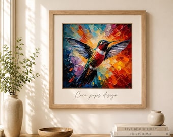Hummingbird Wall Art, Colorful Bird Print, Vibrant Hummingbird Painting, Maximalist Wildlife Decor, Printable Wall Art