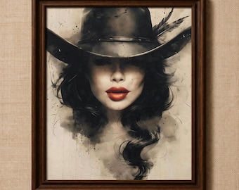 Cowgirl Wall Art Canvas, Western Woman Portrait, Moody Western Decor, Cowgirl Bedroom Art, Ready to Hang