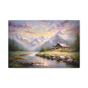 Serene Landscape Canvas Art Print, Tranquil Home Decor, Nature Wall Art, Cozy Cabin Artwork, Mountain Scene Decor, Gift for Nature Lovers