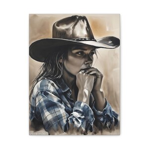 Wydruk artystyczny Cowgirl, dekoracja ścienna Western, rustykalny wystrój domu, prezent dla artysty country, płótno w stylu western, stylowy strój Cowgirl z pewnością siebie