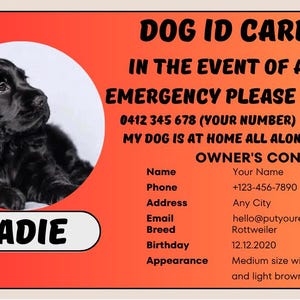 Dog ID Card- Custom Emergency Dog ID Card-My Dog or cat Is Home Alone- Dog Owner Emergency Contact info- Home Alone Alert Card for Dogs cats