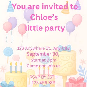 Girl Birthday INVITE Girls Birthday Party Invitation | Editable Pink Party Invite Template | Pastel Birthday Canva Design | Printable Kids
