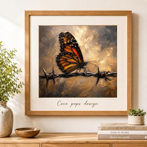 Western Butterfly Wall Art, Monarch Butterfly Print, Rustic Ranch Decor, Barbed Wire Art