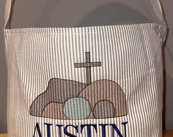 Customizable Seersucker empty tomb cross Bag: Easter Basket, Gift Bag