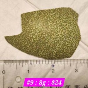 Pode incluir: Um pedaço de material salpicado em verde oliva e marrom, possivelmente pedra ou cerâmica, com formato irregular. Uma régua indica um comprimento de aproximadamente 5 cm. O texto "#9: 8g : $24" é visível.