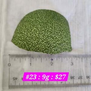 以下が含まれることがあります： 緑色でテクスチャ加工された、斑点模様の半球状のオブジェクト。装飾品または自然要素の可能性があります。定規がオブジェクトの下に配置され、ピンク色の長方形に「#23 : 9g : $27」と書かれています。