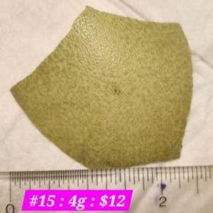 May include: A piece of light green, textured material, possibly a peel or rind, is shown against a white background. A ruler is placed below the material, and a pink rectangle displays the text "#15 : 4g : $12".