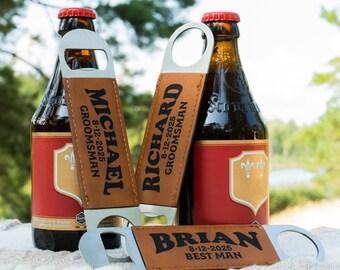 Engraved Magnetic Bottle Opener - Custom Groomsman Gift, Best Man, Officiant Proposal, Bachelor Party, Eco-Leather, 30+ Designs