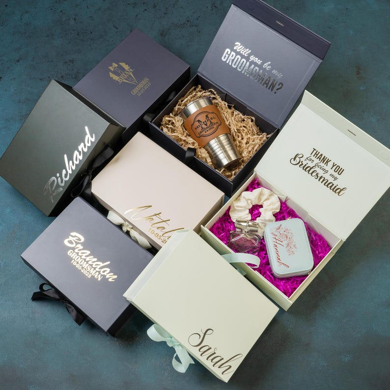 Personalized empty magnetic keepsake box with satin ribbon, rigid cardboard, foil-stamped customization on lid. Sturdy 10x7.2x4 inch design for wedding proposals: bridesmaid, maid of honor, groomsman, best man gifts, bridal/groomsmen parties, favors.