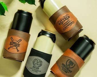 Custom Engraved Vegan Leather Can Cooler: Personalized Drink Holder