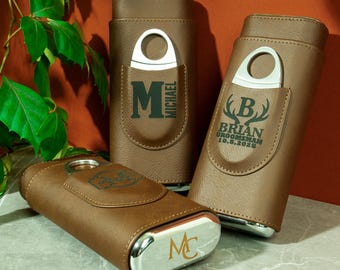 Custom Engraved Cigar Case with cutter, Personalized Travel Cigar Humidor, Best Man Proposal Cigar Pouch Groomsman Gift, Custom Wedding Gift