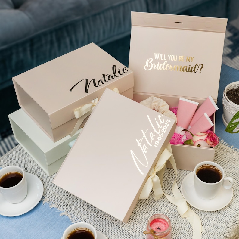 Personalized empty magnetic keepsake box with satin ribbon, rigid cardboard, foil-stamped customization on lid. Sturdy 10x7.2x4 inch design for wedding proposals: bridesmaid, maid of honor, groomsman, best man gifts, bridal/groomsmen parties, favors.
