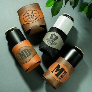 Leather Can Cooler for Groomsmen Wedding Party Gifts Personalized Best Man Proposal Idea, Engraved Monogram Beer Lover Gifts for Men
