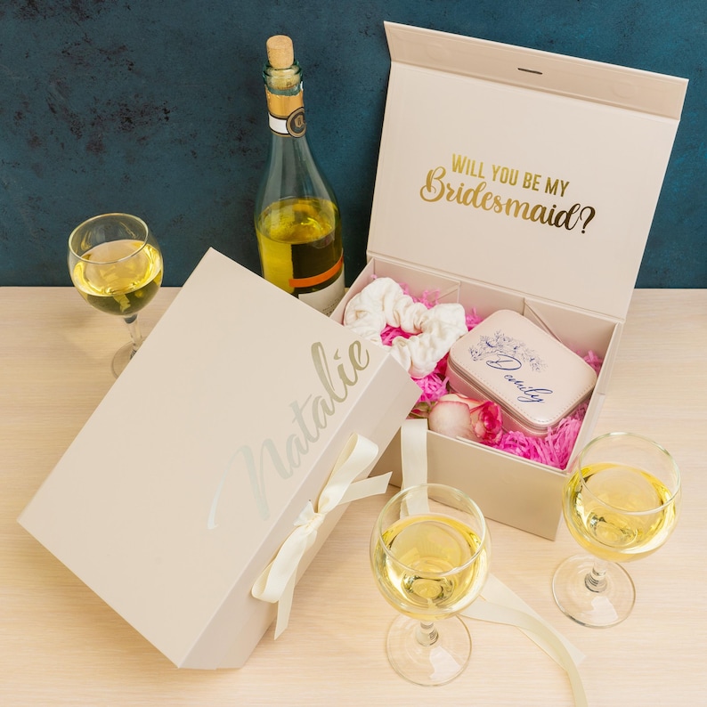 Personalized empty magnetic keepsake box with satin ribbon, rigid cardboard, foil-stamped customization on lid. Sturdy 10x7.2x4 inch design for wedding proposals: bridesmaid, maid of honor, groomsman, best man gifts, bridal/groomsmen parties, favors.