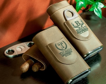 Custom Engraved Cigar Case With Cigar Cutter Pouch, Personalized Groomsmen Cigar Gift, Wedding  Gift for him