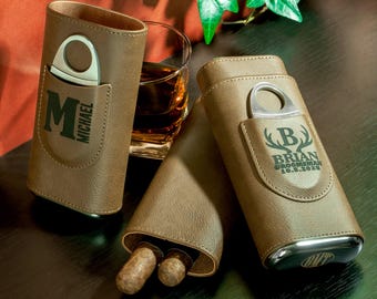 Custom Leather Cigar Case, Groomsman Cigar Cutter, Handmade Cigar Carrying Case, Personalized gifts for Groomsmen and Best Man, Fathers gift