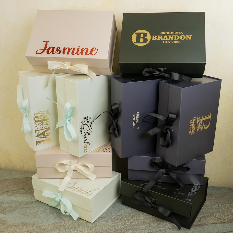 Personalized empty magnetic keepsake box with satin ribbon, rigid cardboard, foil-stamped customization on lid. Sturdy 10x7.2x4 inch design for wedding proposals: bridesmaid, maid of honor, groomsman, best man gifts, bridal/groomsmen parties, favors.