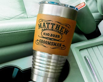 Engraved Leather Groomsmen Tumbler: Personalized 20oz Insulated Mug
