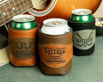 Custom Engraved Leather Can Cooler, Personalized Groomsmen Gift, Best Man Proposal Drink Holder, Groomsman Can Cooler, Bachelor Party Gifts