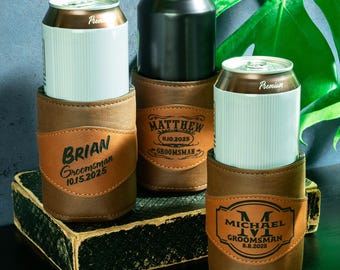 Personalized Vegan Leather Can Cooler: Groomsmen Gift, Wedding Favor