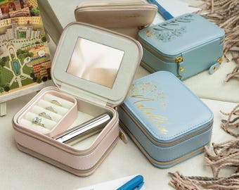 Personalized Travel Jewelry Box with Mirror: Birth Flower Gift for Women, Jewelry Organizer