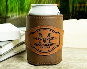 Personalized Vegan Leather Can Cooler: Engraved Groomsman Gift
