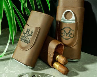 Personalized Leather Cigar Travel Case with Custom Cigar Cutter, Fathers Day Gift, Boss Leaving Gift, Husband Anniversary Gift