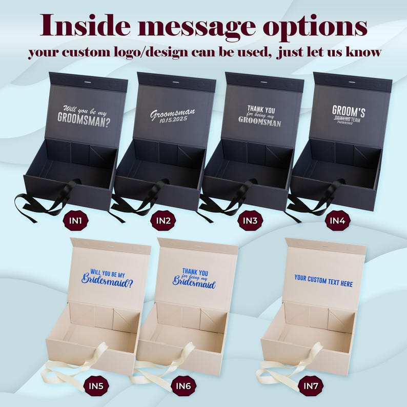 Personalized empty magnetic keepsake box with satin ribbon, rigid cardboard, foil-stamped customization on lid. Sturdy 10x7.2x4 inch design for wedding proposals: bridesmaid, maid of honor, groomsman, best man gifts, bridal/groomsmen parties, favors.