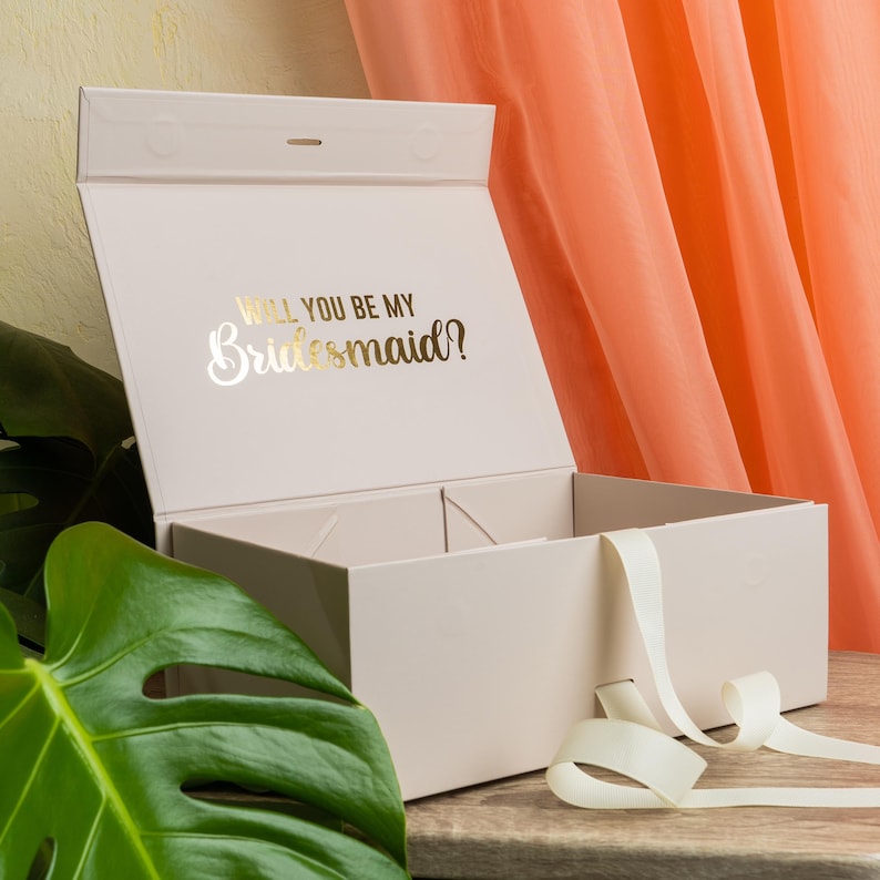 Personalized empty magnetic keepsake box with satin ribbon, rigid cardboard, foil-stamped customization on lid. Sturdy 10x7.2x4 inch design for wedding proposals: bridesmaid, maid of honor, groomsman, best man gifts, bridal/groomsmen parties, favors.