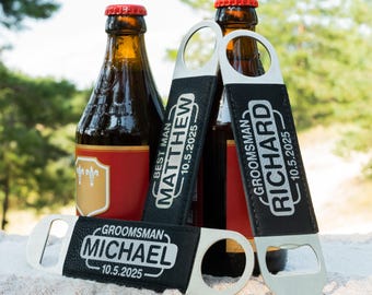 Personalized Bottle Opener for Groomsmen, Best Man & Officiant Gift, Engraved Stainless Steel with Leather, Wedding Proposal, Bachelor Party