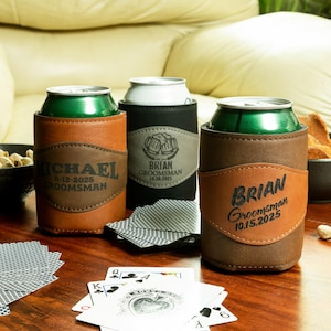 Leather Can Cooler Personalized Groomsman Proposal Gifts Custom Engraved Beer Can Holder, Best Man Gifts, Usher Asking, Bachelor Party Favor
