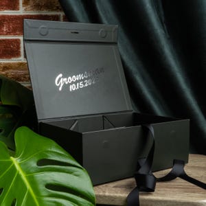 Personalized empty magnetic keepsake box with satin ribbon, rigid cardboard, foil-stamped customization on lid. Sturdy 10x7.2x4 inch design for wedding proposals: bridesmaid, maid of honor, groomsman, best man gifts, bridal/groomsmen parties, favors.