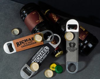 Groomsmen Gift - Custom Bottle Opener, Groomsman Proposal, Officiant Gift, Best Man Gift, Wedding Party Favor, Magnetic Leather Beer Opener