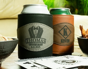 Personalized Vegan Leather Can Cooler: Groomsmen Gift, Custom Engraved