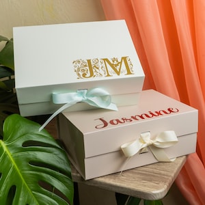 Personalized empty magnetic keepsake box with satin ribbon, rigid cardboard, foil-stamped customization on lid. Sturdy 10x7.2x4 inch design for wedding proposals: bridesmaid, maid of honor, groomsman, best man gifts, bridal/groomsmen parties, favors.
