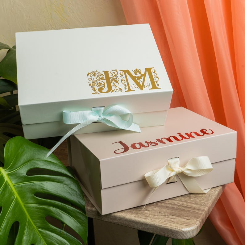 Personalized empty magnetic keepsake box with satin ribbon, rigid cardboard, foil-stamped customization on lid. Sturdy 10x7.2x4 inch design for wedding proposals: bridesmaid, maid of honor, groomsman, best man gifts, bridal/groomsmen parties, favors.