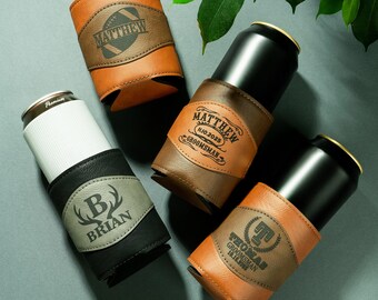 Personalized Vegan Leather Can Cooler: Groomsman Gift, Custom Drink Holder