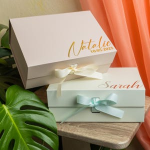 Personalized empty magnetic keepsake box with satin ribbon, rigid cardboard, foil-stamped customization on lid. Sturdy 10x7.2x4 inch design for wedding proposals: bridesmaid, maid of honor, groomsman, best man gifts, bridal/groomsmen parties, favors.