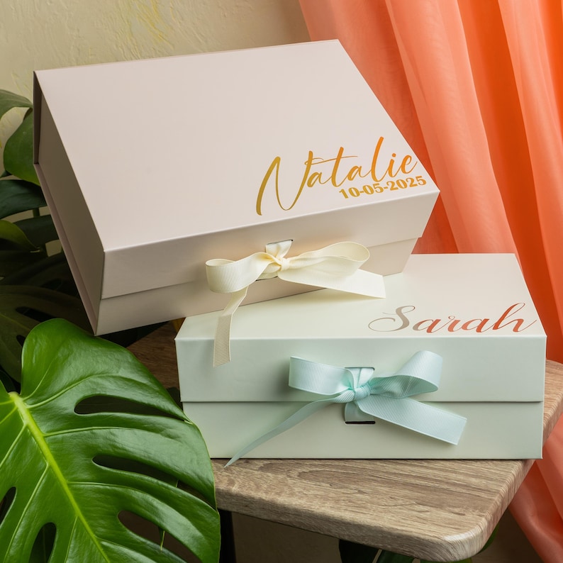 Personalized empty magnetic keepsake box with satin ribbon, rigid cardboard, foil-stamped customization on lid. Sturdy 10x7.2x4 inch design for wedding proposals: bridesmaid, maid of honor, groomsman, best man gifts, bridal/groomsmen parties, favors.