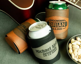 Personalized Vegan Leather Can Cooler: Groomsmen Proposal Gift