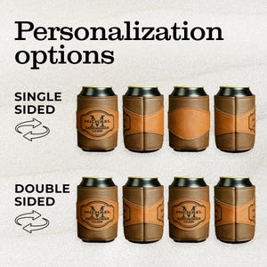 May include: Eight brown leather can coolers with a tan leather patch on the front. The coolers are personalized with the text "MICHAEL GROOMSMAN 8.8.2018". The coolers are shown in two rows, with the top row labeled "SINGLE SIDED" and the bottom row labeled "DOUBLE SIDED".