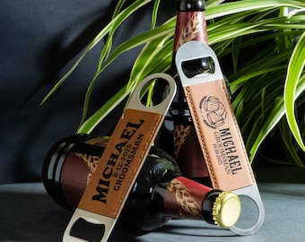 Custom Bottle Opener with Magnet - Engraved for Groomsmen Proposal, Best Man, Officiant Gift, Bachelor Party, Eco-Leather, 30+ Designs