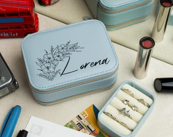 Personalized Bridesmaid Jewelry Case: Faux Leather Travel Organizer, Birth Flower Design