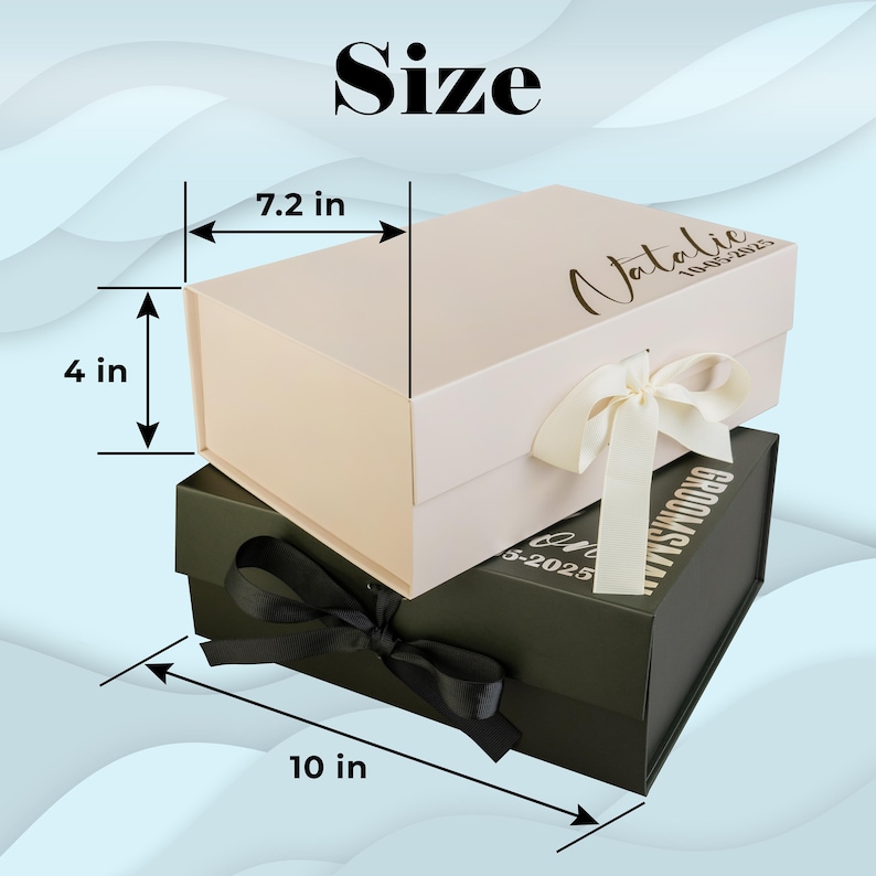 Personalized empty magnetic keepsake box with satin ribbon, rigid cardboard, foil-stamped customization on lid. Sturdy 10x7.2x4 inch design for wedding proposals: bridesmaid, maid of honor, groomsman, best man gifts, bridal/groomsmen parties, favors.