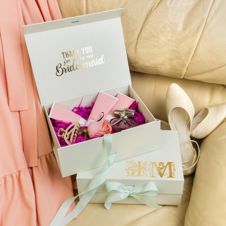 Personalized empty magnetic keepsake box with satin ribbon, rigid cardboard, foil-stamped customization on lid. Sturdy 10x7.2x4 inch design for wedding proposals: bridesmaid, maid of honor, groomsman, best man gifts, bridal/groomsmen parties, favors.