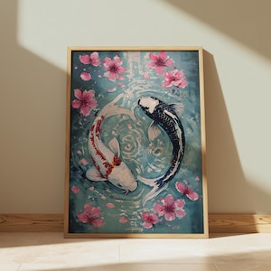 Koi Fish Painting Wall Art Printable, Watercolor Yin & Yang Design, Japanese Inspired Poster, Instant Download, Japanese Printable Wall Art